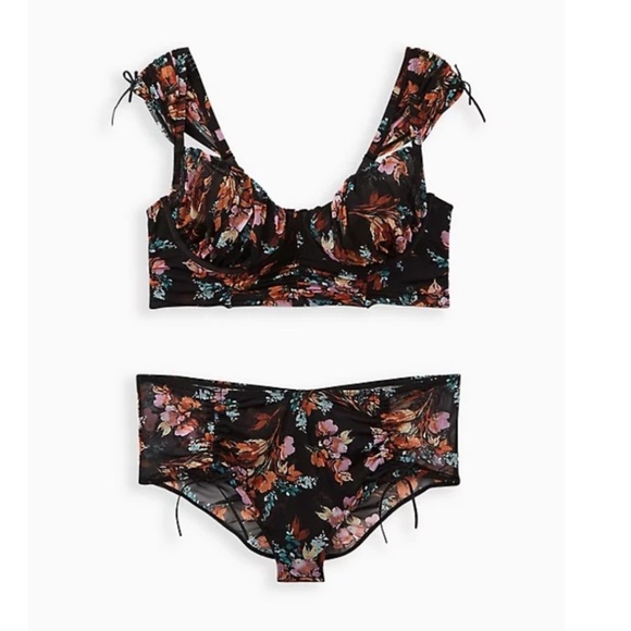 TORRID NWT BLACK FLORAL MESH DRAWSTRING CAP SLEEVE LONGLINE BRALETTE & P… - Picture 7 of 8